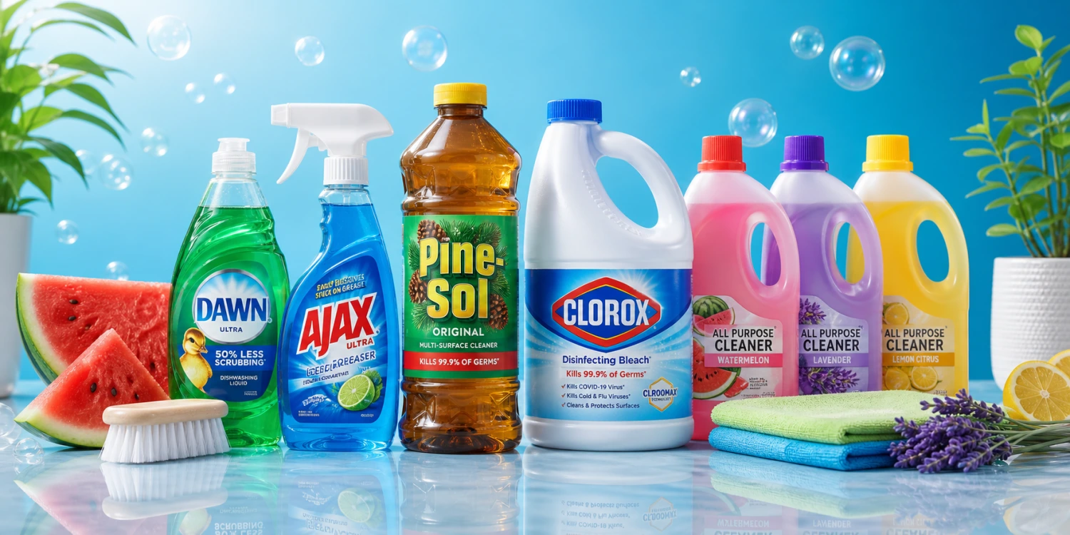 Dish soap, degreaser, Pine-Sol, bleach and all-purpose cleaner products